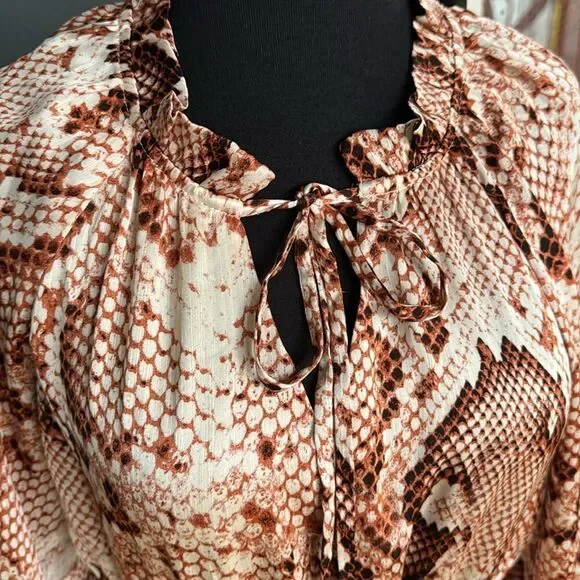 THML rust/brown tones stretch snakeskin print ruffle accent midi. Small.